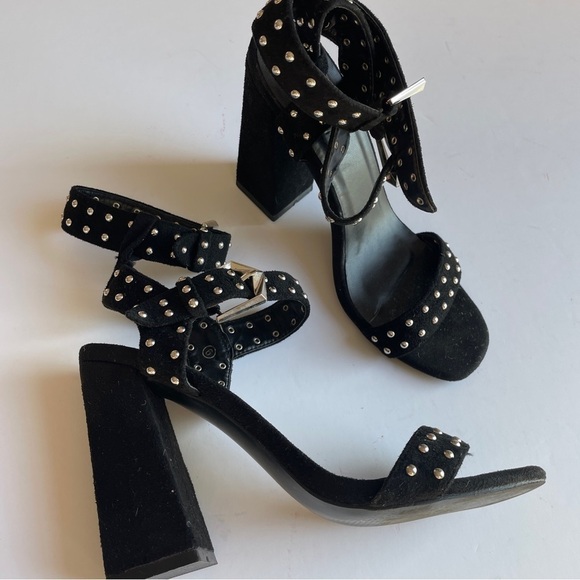 Pretty Little Things Black Studded Ankle Wrap Heels - Picture 3 of 9